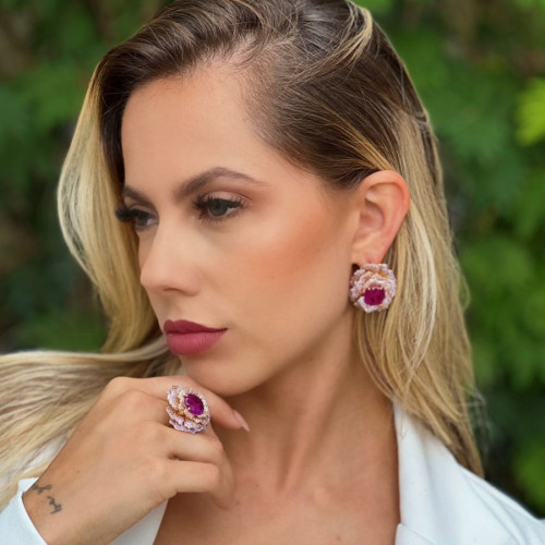 Conjunto Brinco Anel Flor Zircônia Dourado