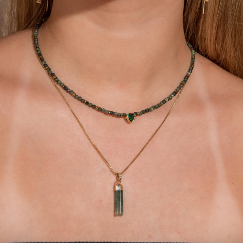 Colar Dupla Zoizita com Pina Quartzo Verde Dourado